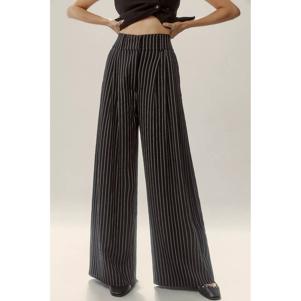Anthropologie Black White Pinstripe Wide Leg High Rise Pleated Pants Size 14